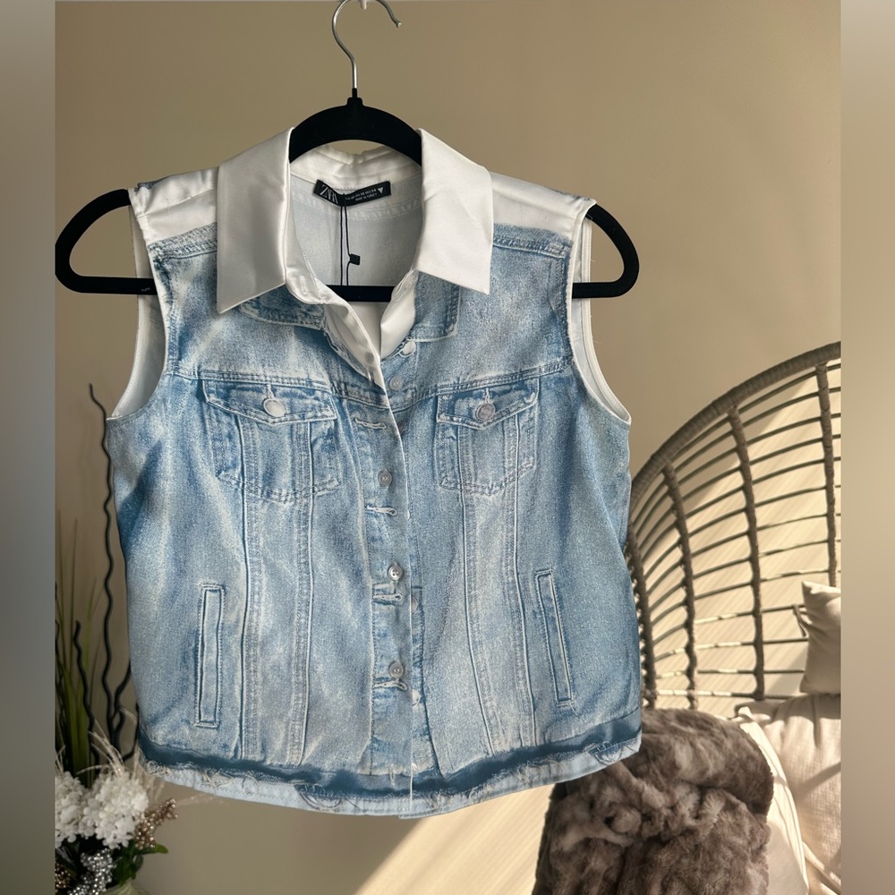 Zara Satin Silk Denim look Sleeveless Button-Down Shirt Vest